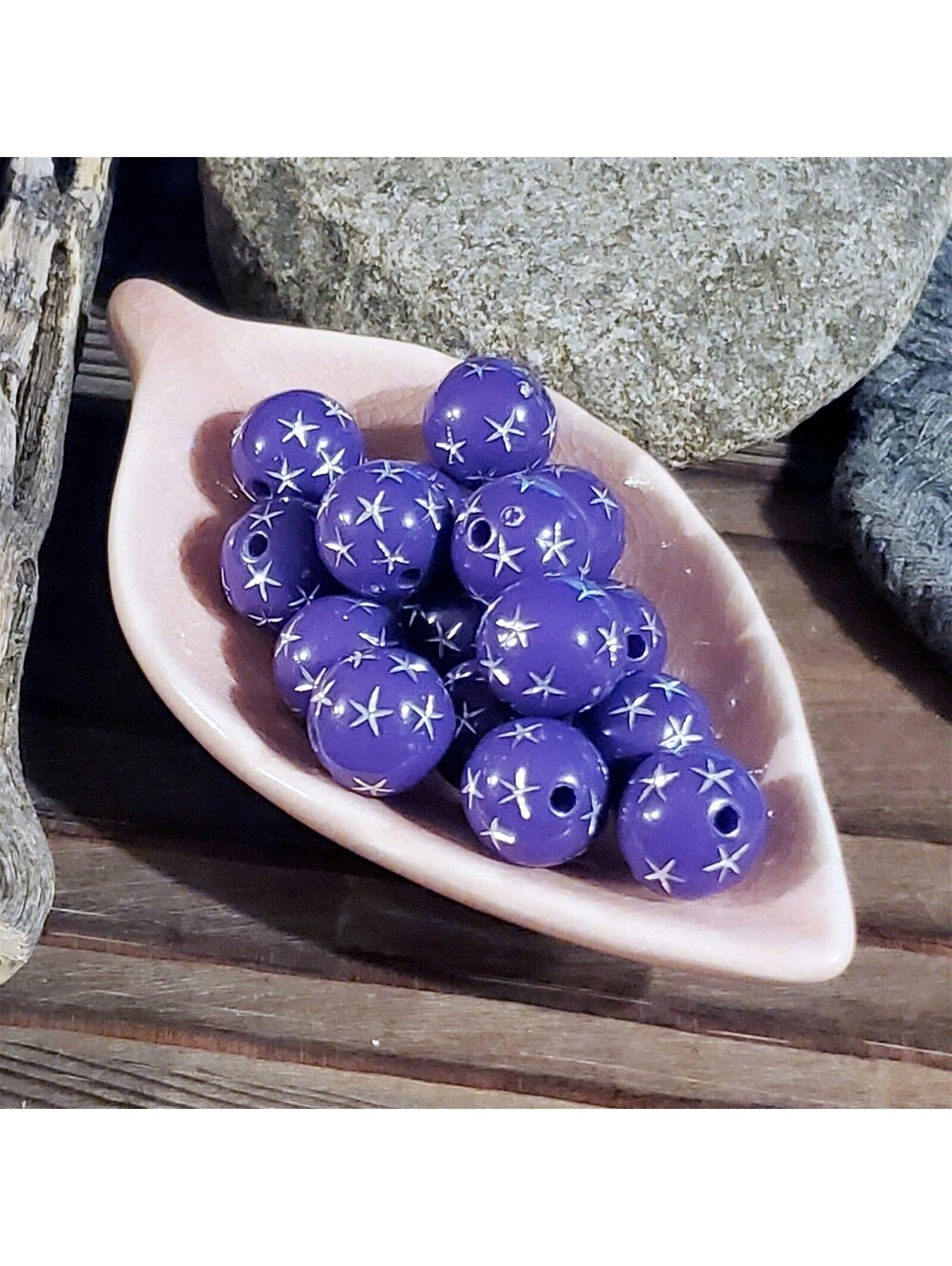 Vintage Retro Purple Silver Stars 12mm Round Acrylic Shabby Chic Beads 10 pcs - Picture 3 of 7
